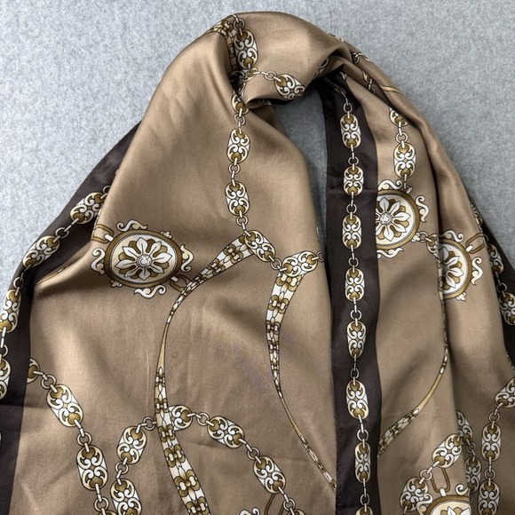 Oscar De La Renta Brown Silk Rectangle Scarf One Size Chain Print Old Money - Picture 4 of 14